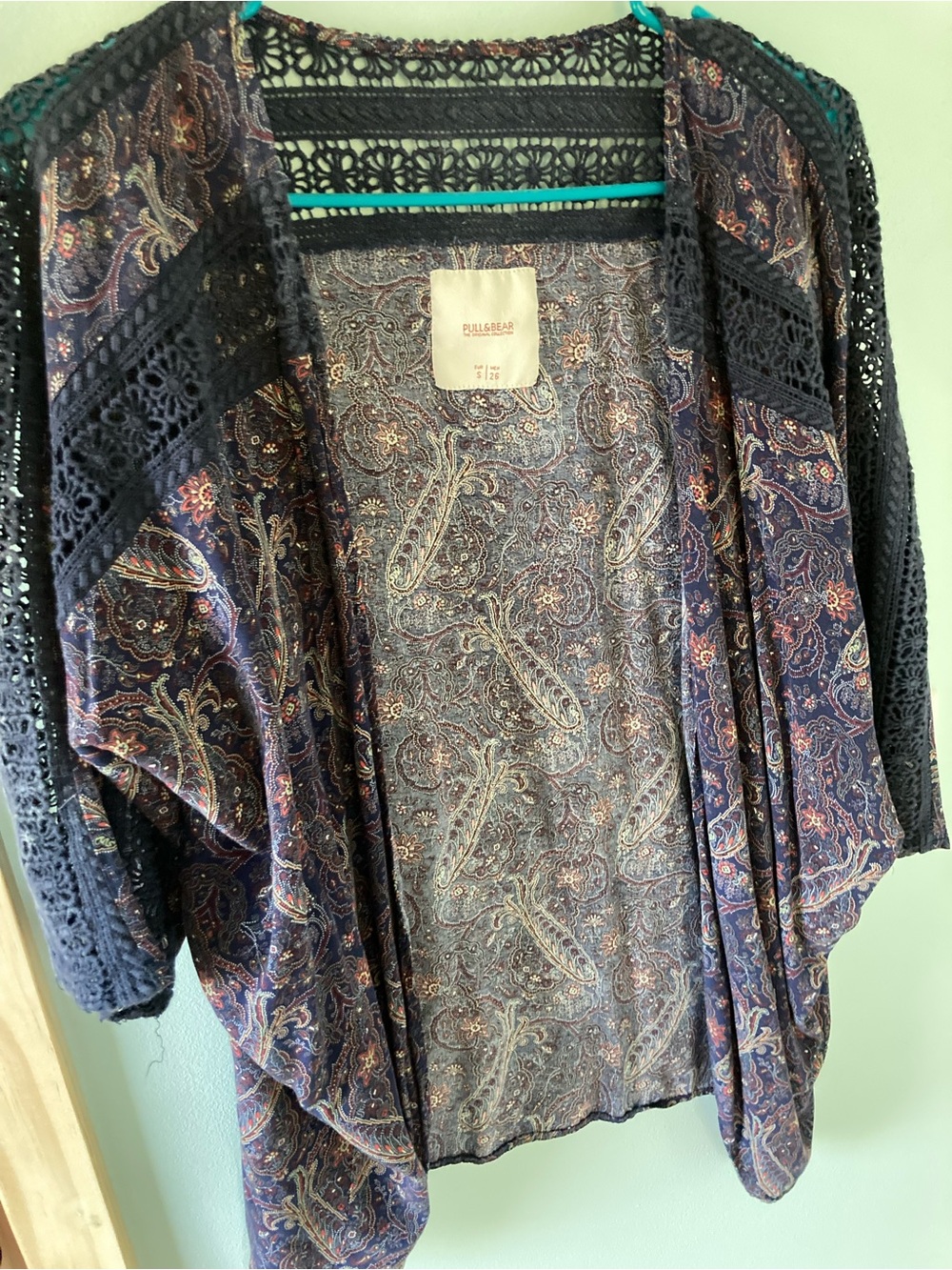Pull&Bear Navy Paisley Crochet-Trim Open Cardigan